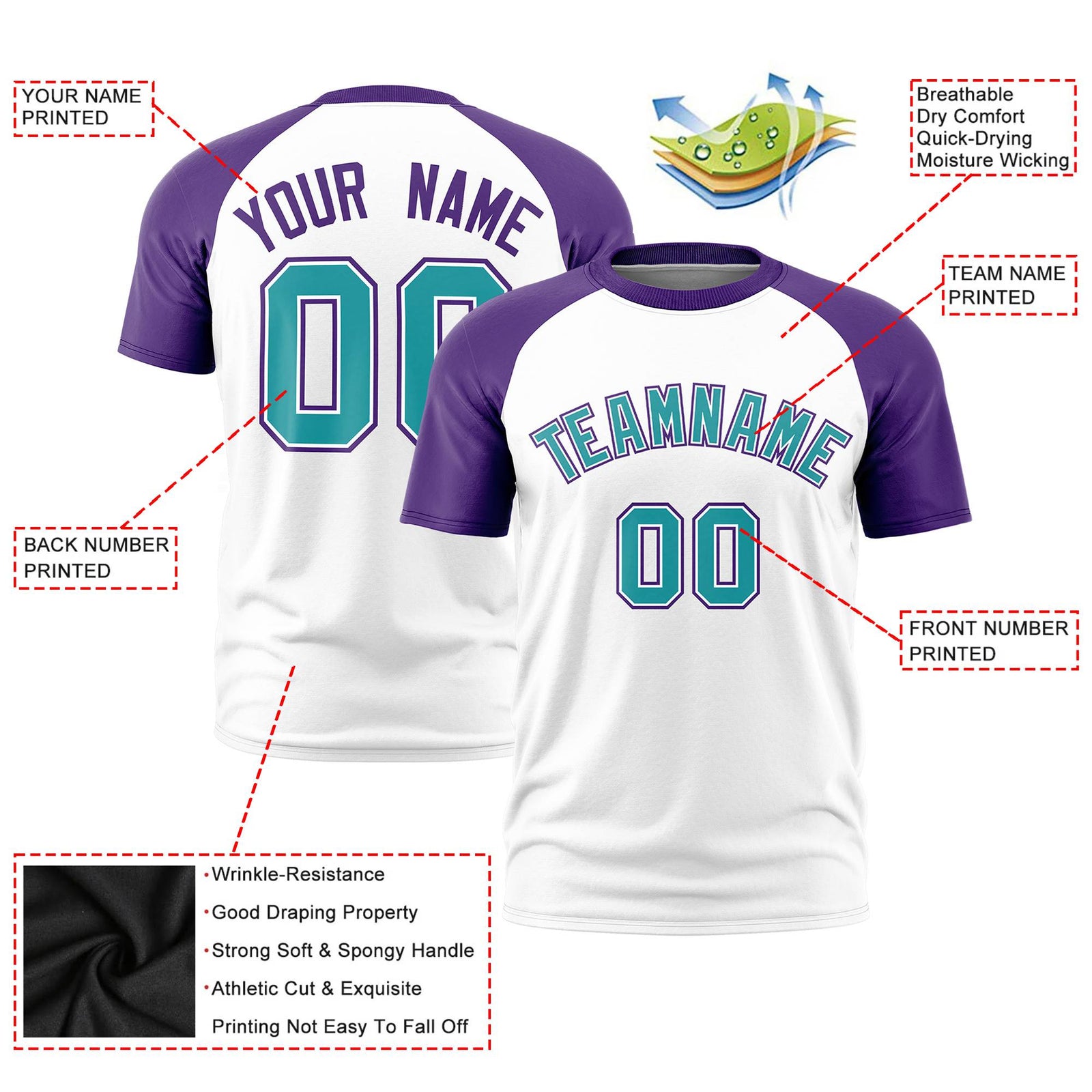 Custom White Purple Raglan Sleeves Performance T-Shirt