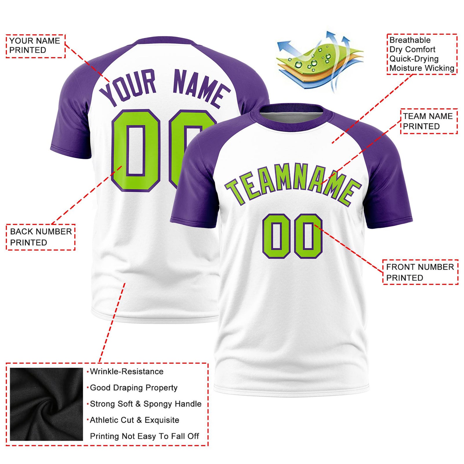 Custom White Purple Raglan Sleeves Performance T-Shirt