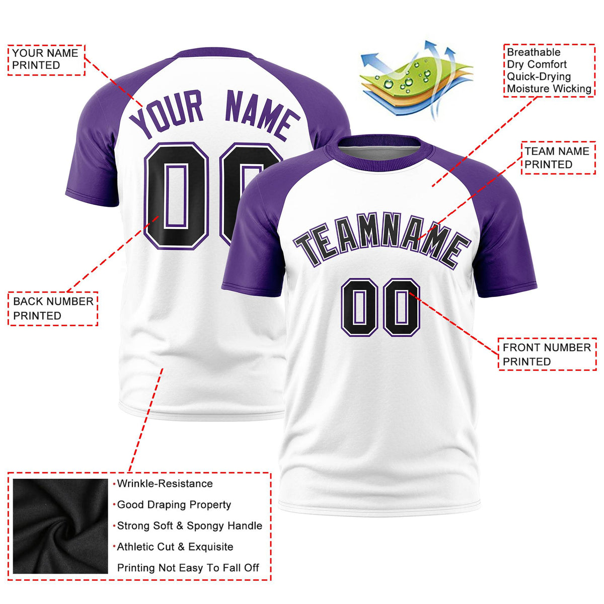 Custom White Purple Raglan Sleeves Performance T-Shirt
