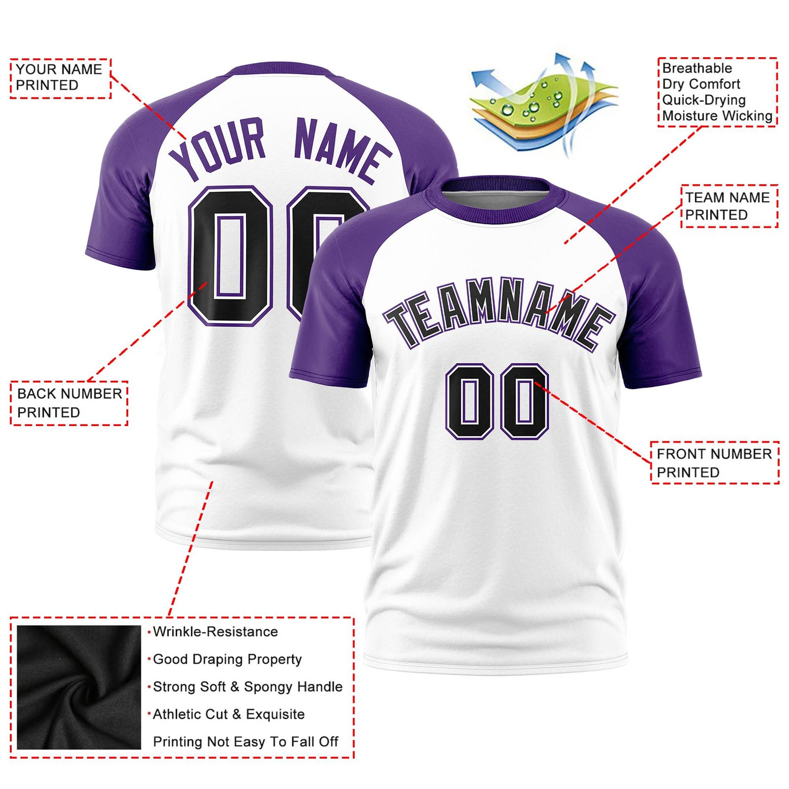 Custom White Purple Raglan Sleeves Performance T-Shirt