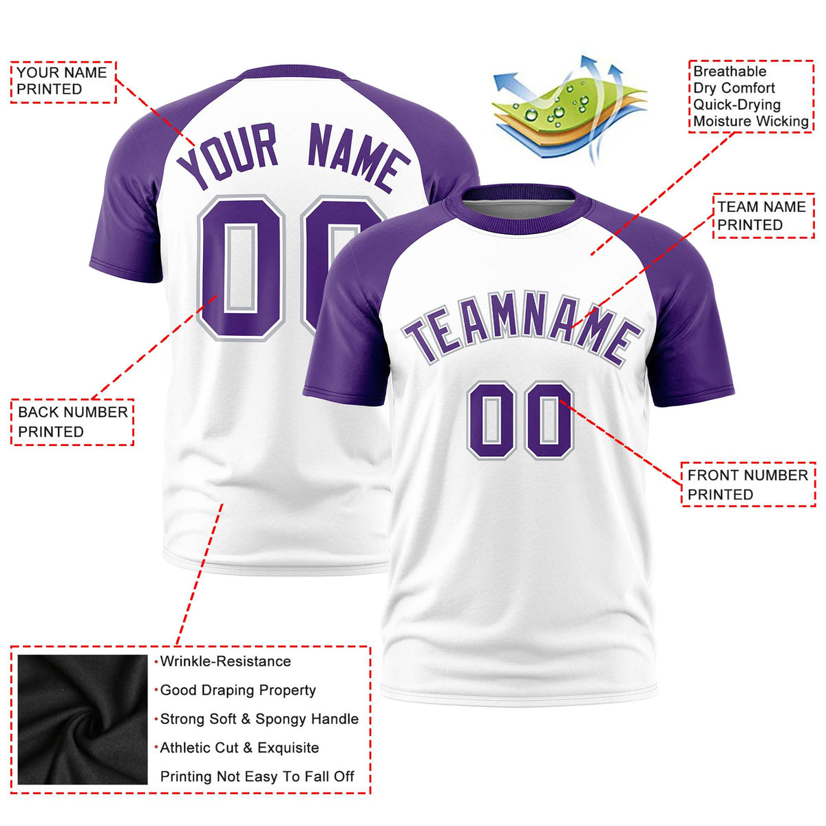 Custom White Purple Raglan Sleeves Performance T-Shirt