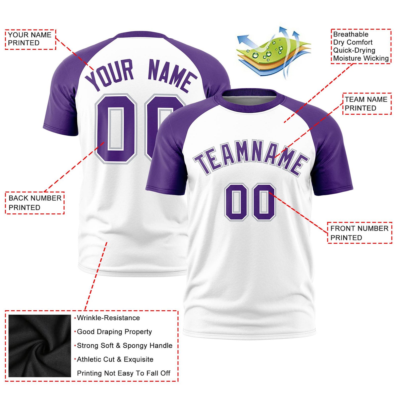 Custom White Purple Raglan Sleeves Performance T-Shirt