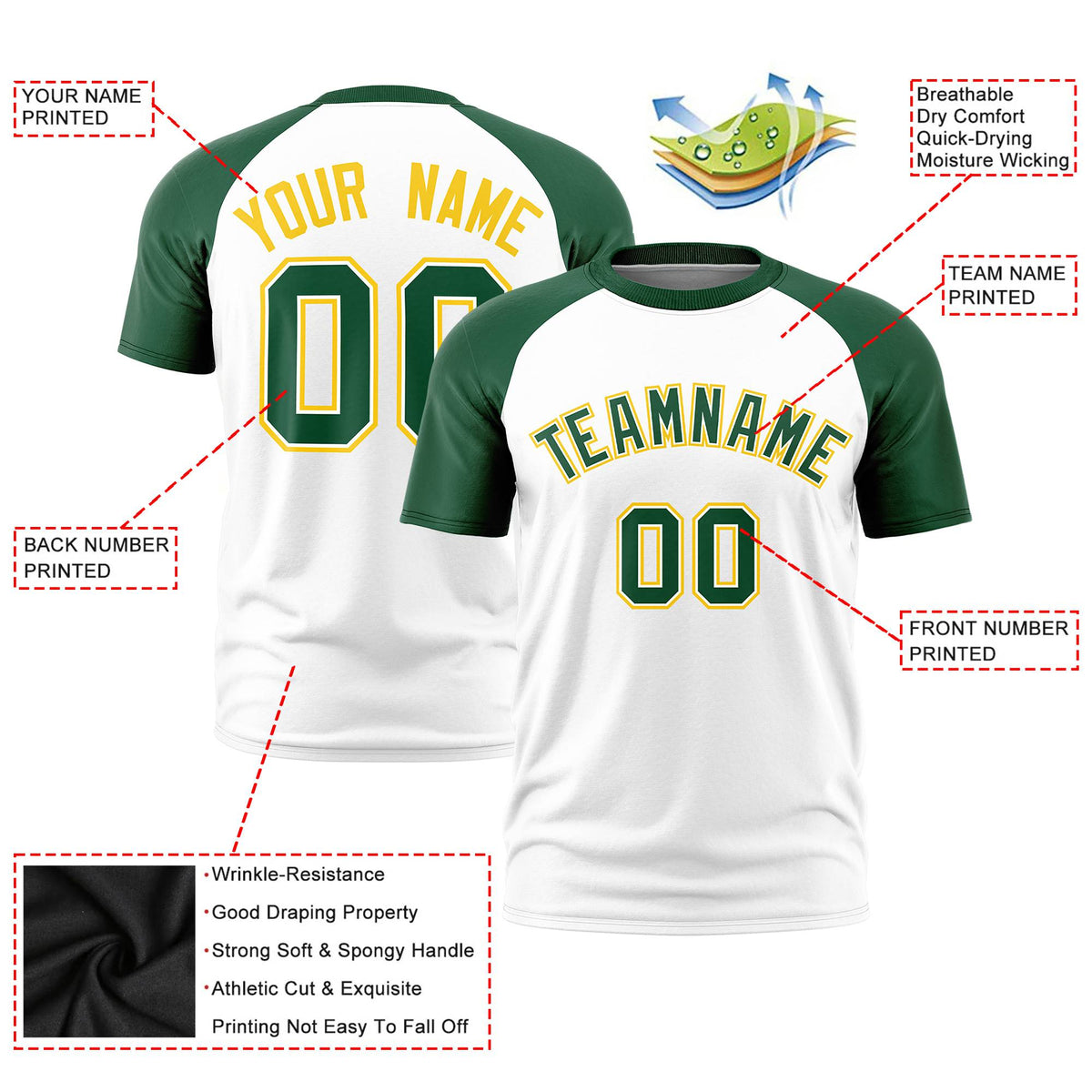 Custom White Green Raglan Sleeves Performance T-Shirt