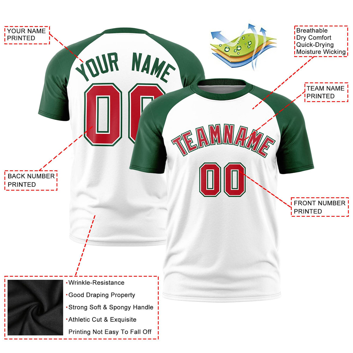 Custom White Green Raglan Sleeves Performance T-Shirt