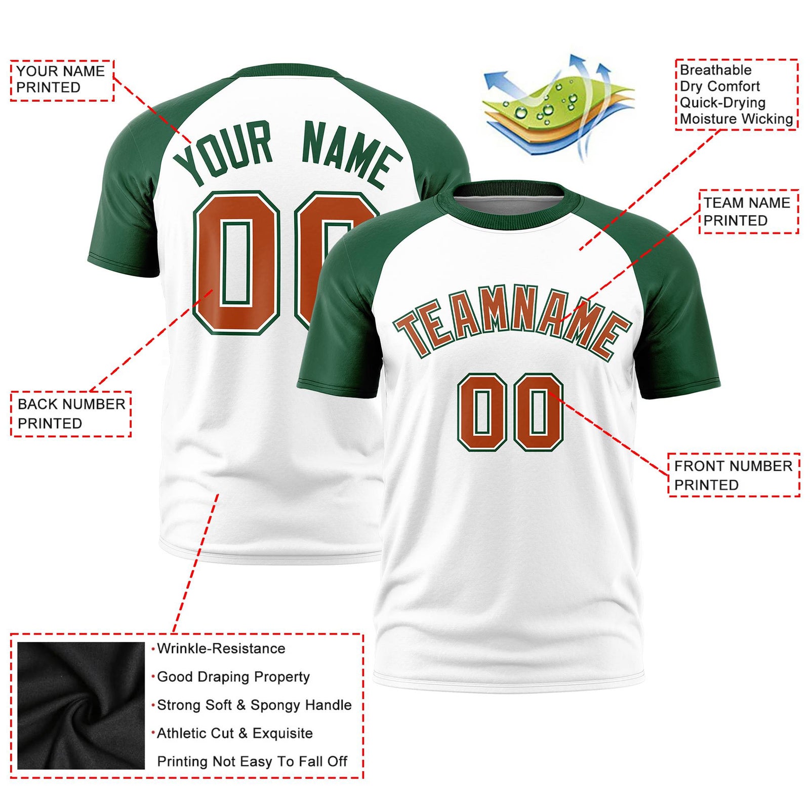 Custom White Green Raglan Sleeves Performance T-Shirt