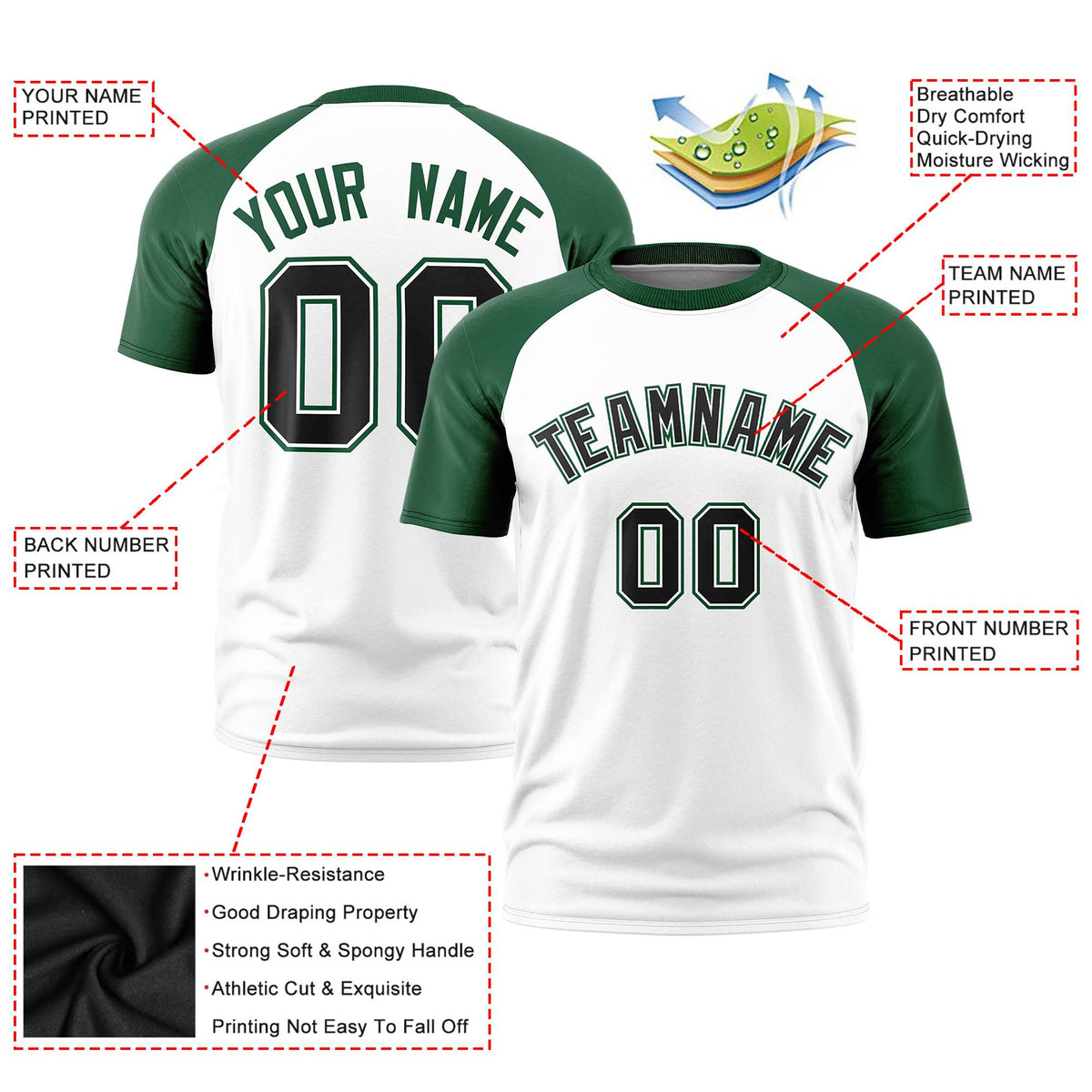 Custom White Green Raglan Sleeves Performance T-Shirt