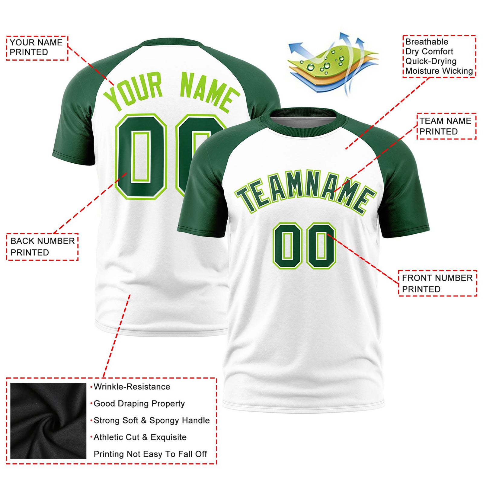 Custom White Green Raglan Sleeves Performance T-Shirt