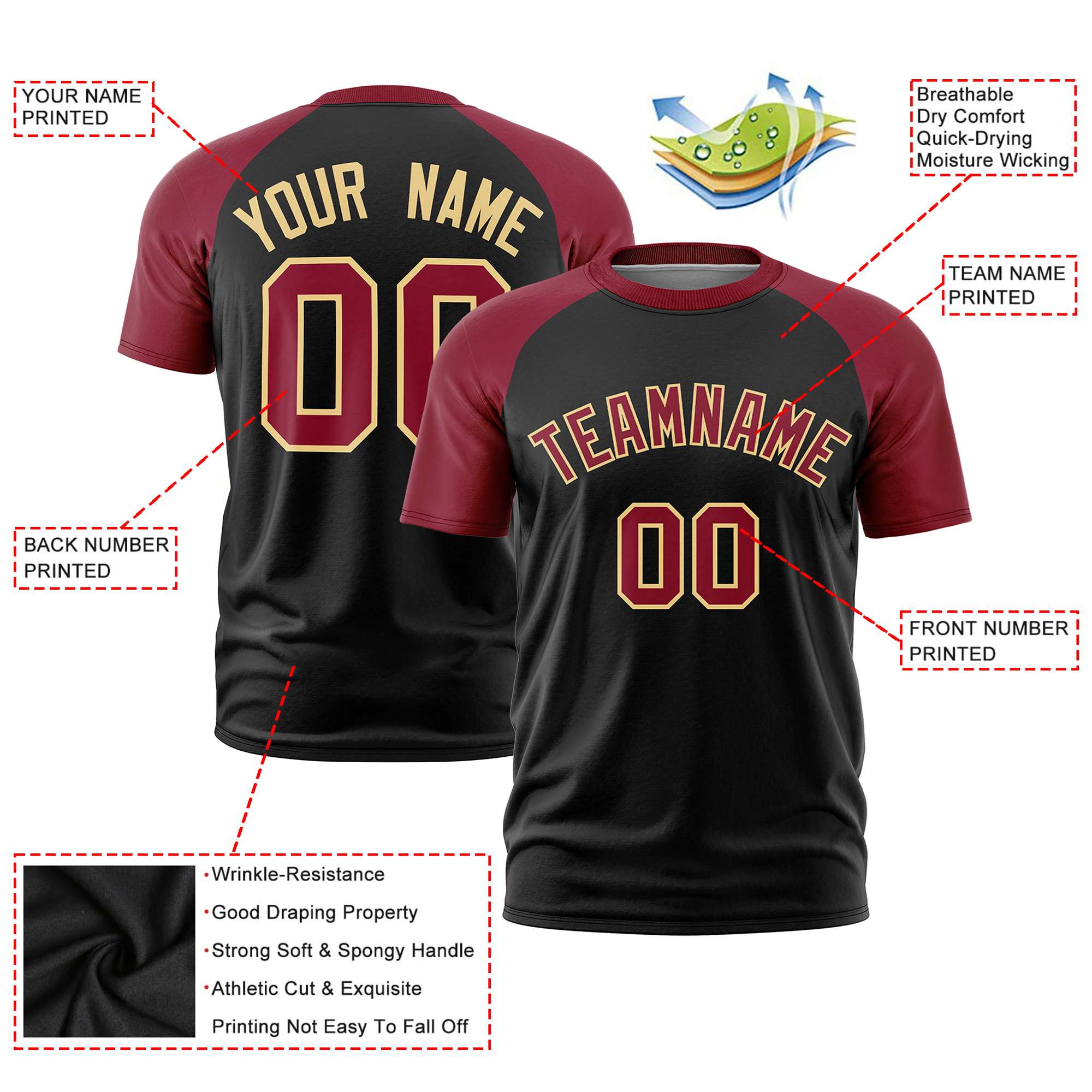 Custom Black Crimson Raglan Sleeves Performance T-Shirt