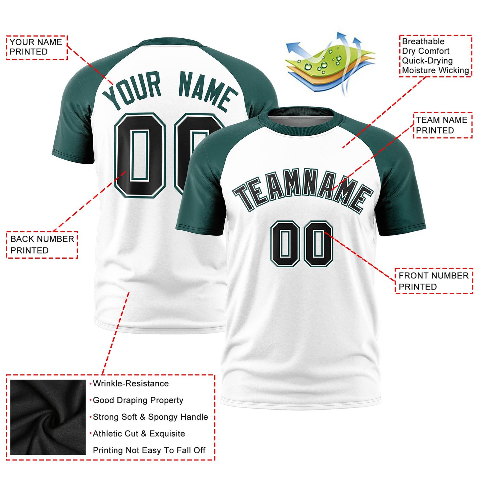 Custom White Midnight Green Raglan Sleeves Performance T-Shirt