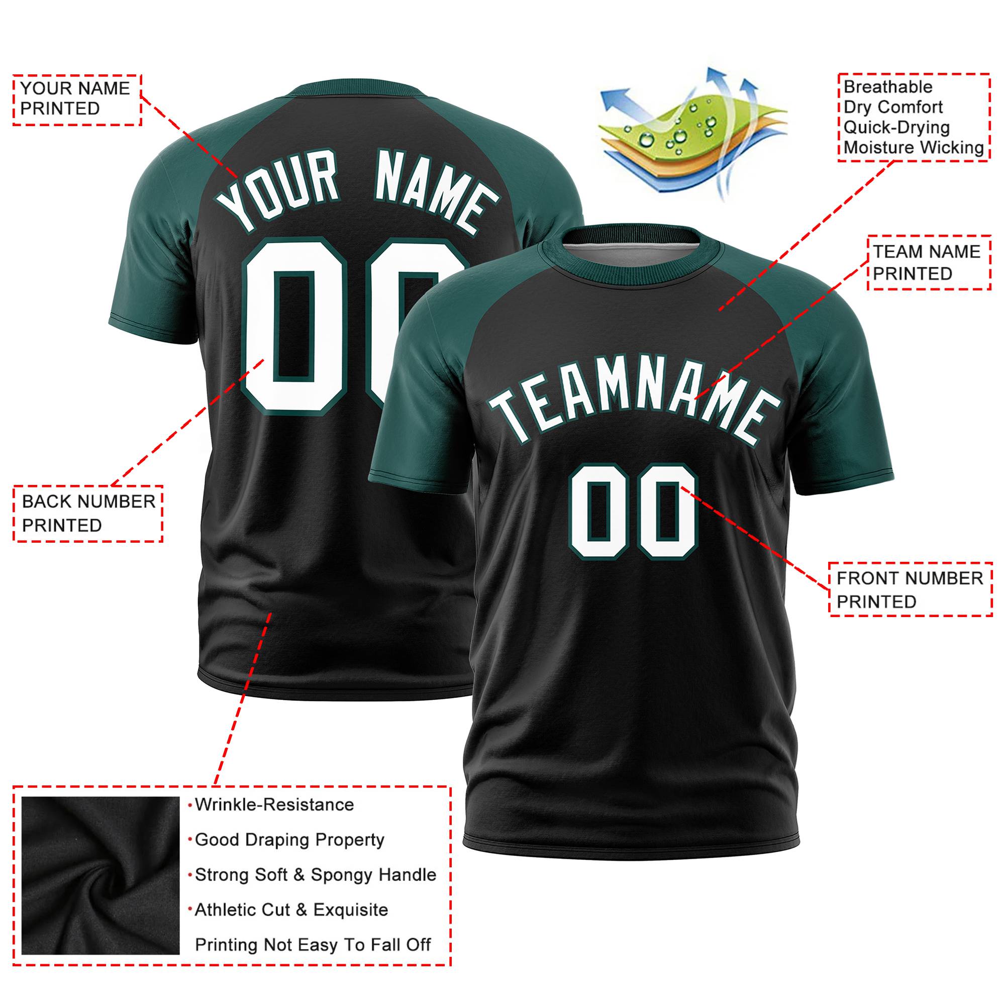 Custom Black Midnight Green Raglan Sleeves Performance T-Shirt