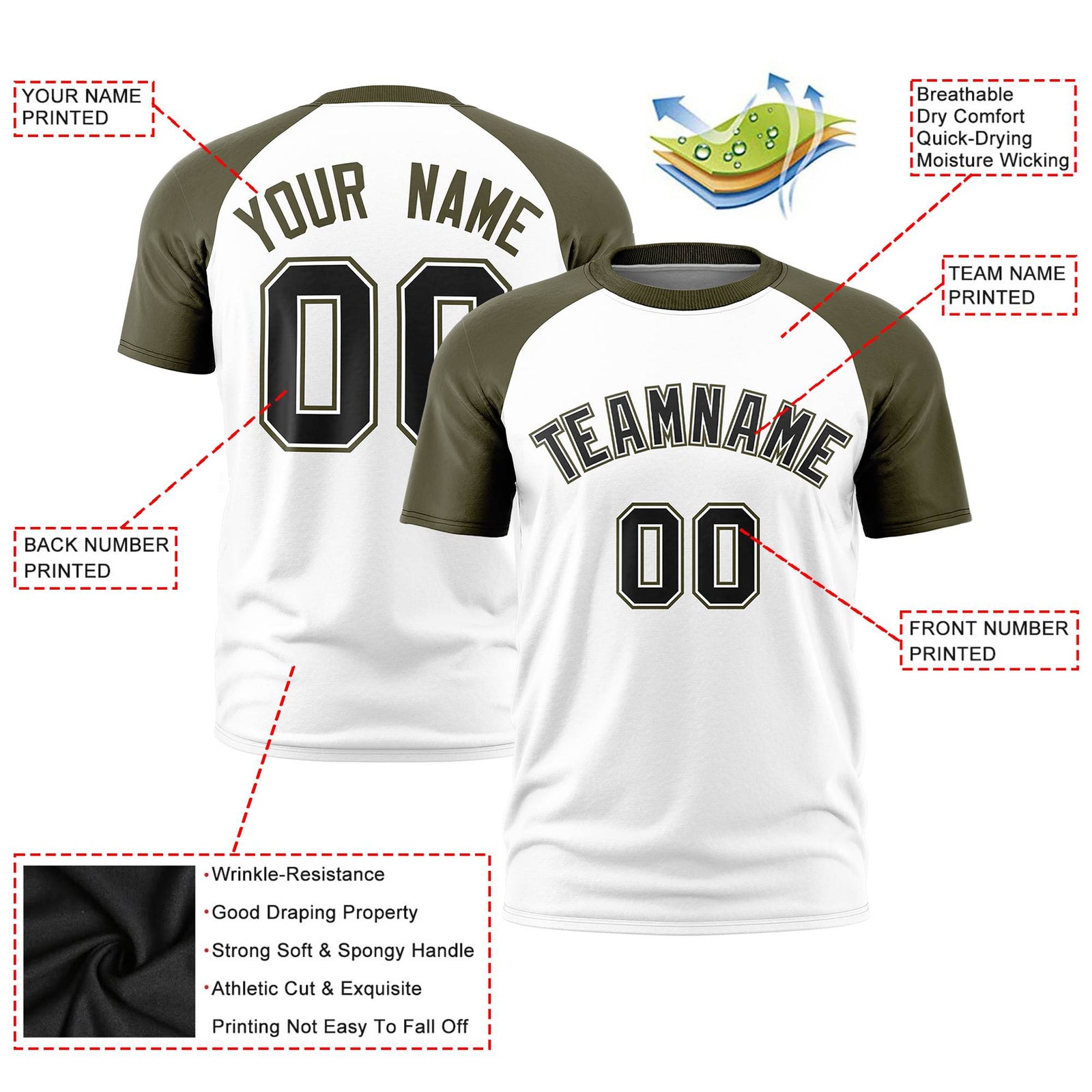 Custom White Olive Raglan Sleeves Performance T-Shirt