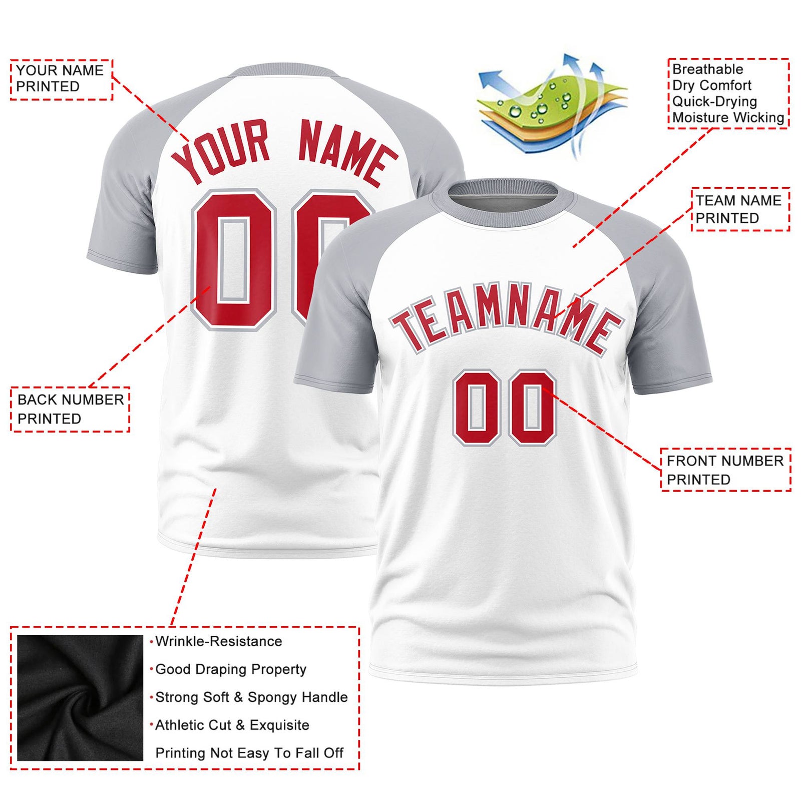 Custom White Gray Raglan Sleeves Performance T-Shirt