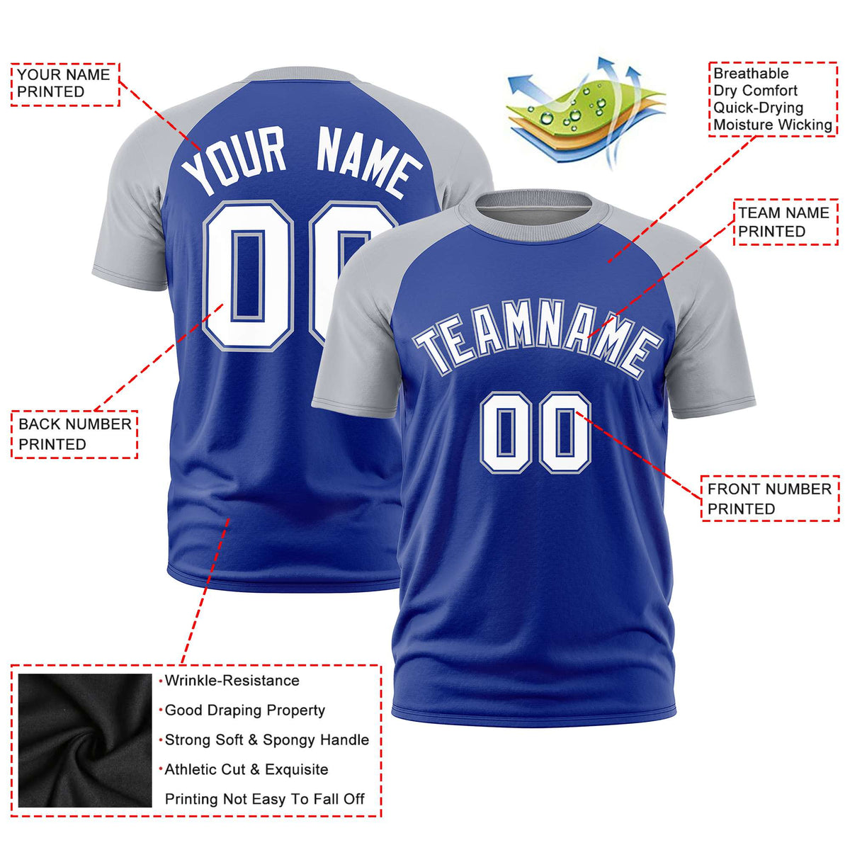 Custom Royal Blue Gray Raglan Sleeves Performance T-Shirt