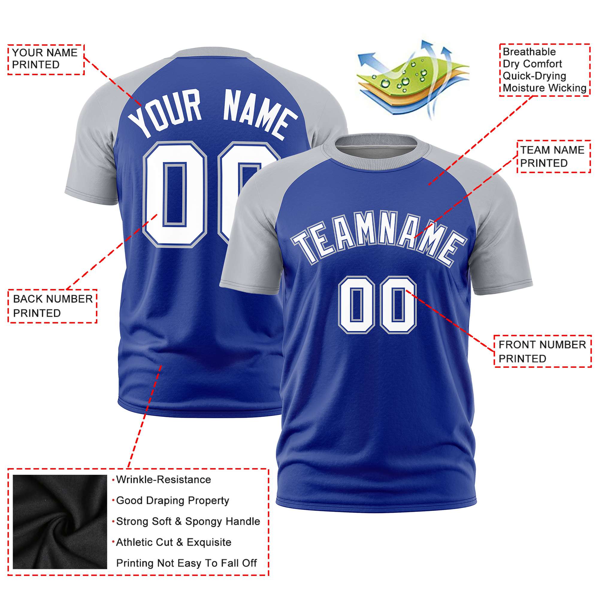 Custom Royal Blue Gray Raglan Sleeves Performance T-Shirt