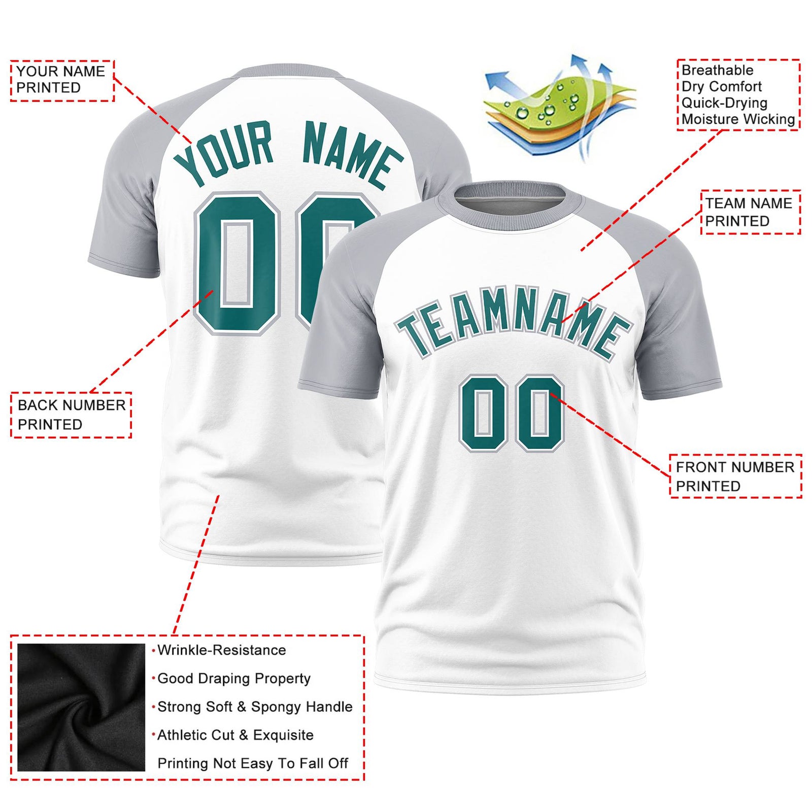 Custom White Gray Raglan Sleeves Performance T-Shirt