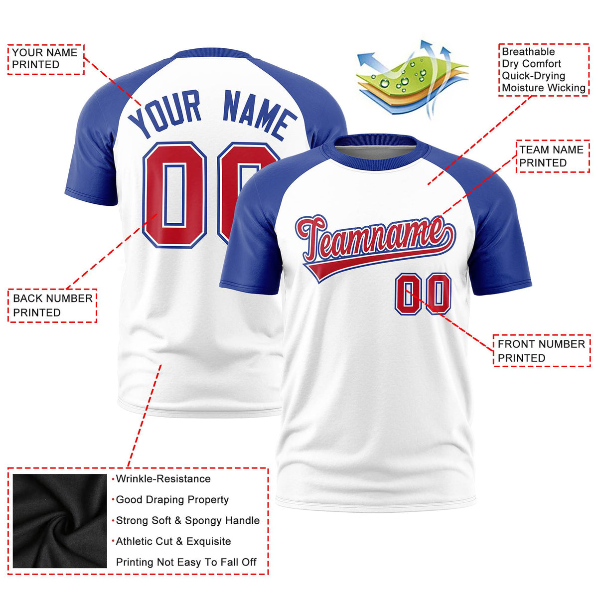 Custom White Royal Blue Raglan Sleeves Performance T-Shirt