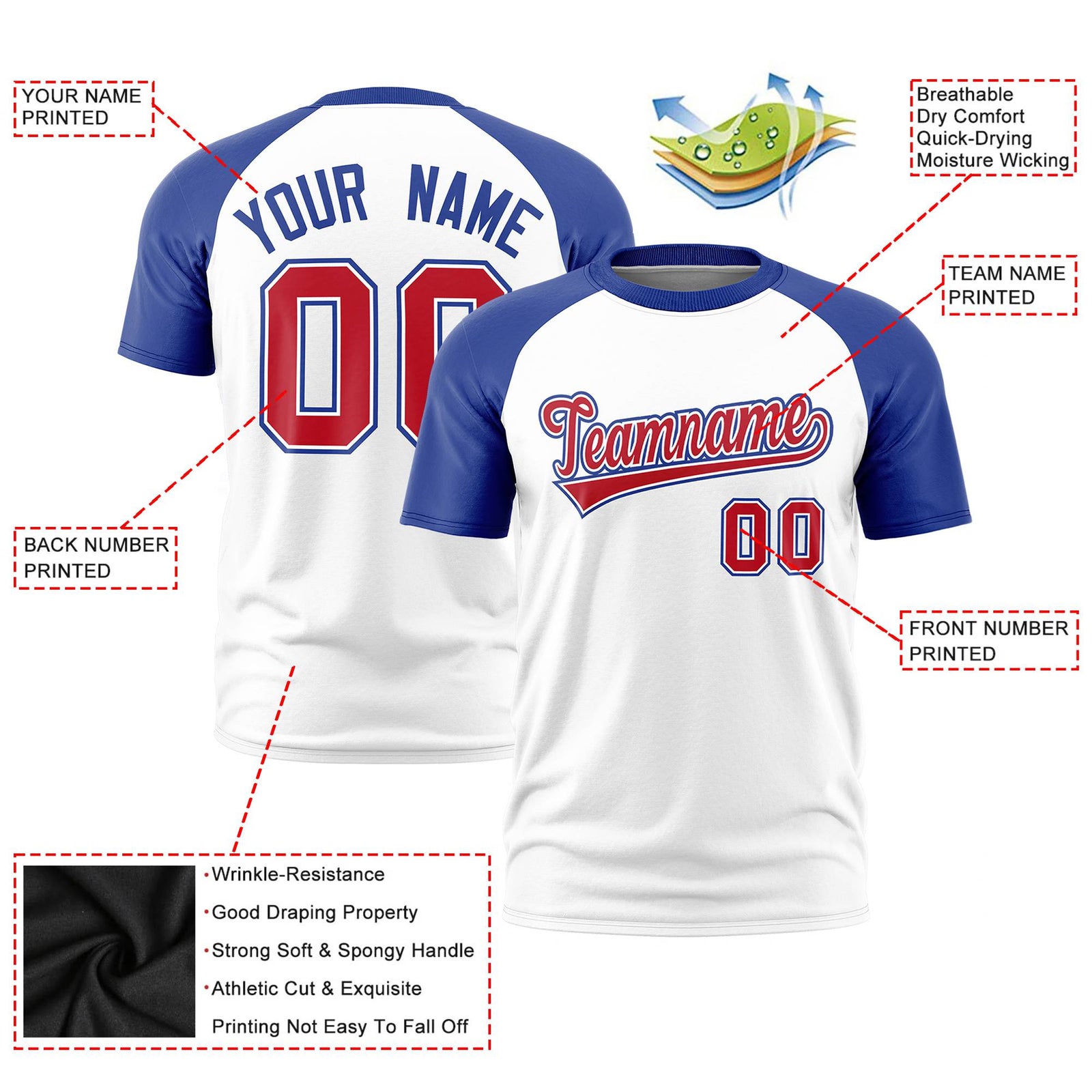 Custom White Royal Blue Raglan Sleeves Performance T-Shirt