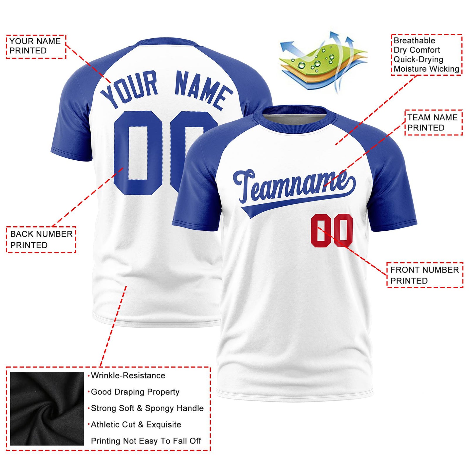 Custom White Royal Blue Raglan Sleeves Performance T-Shirt
