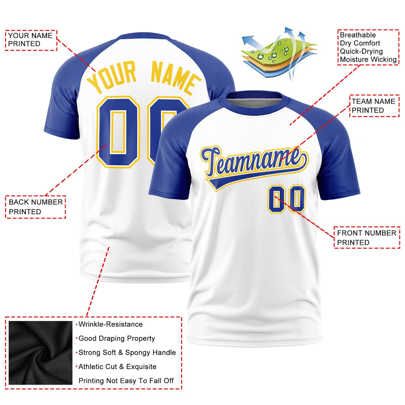 Custom White Royal Blue Raglan Sleeves Performance T-Shirt