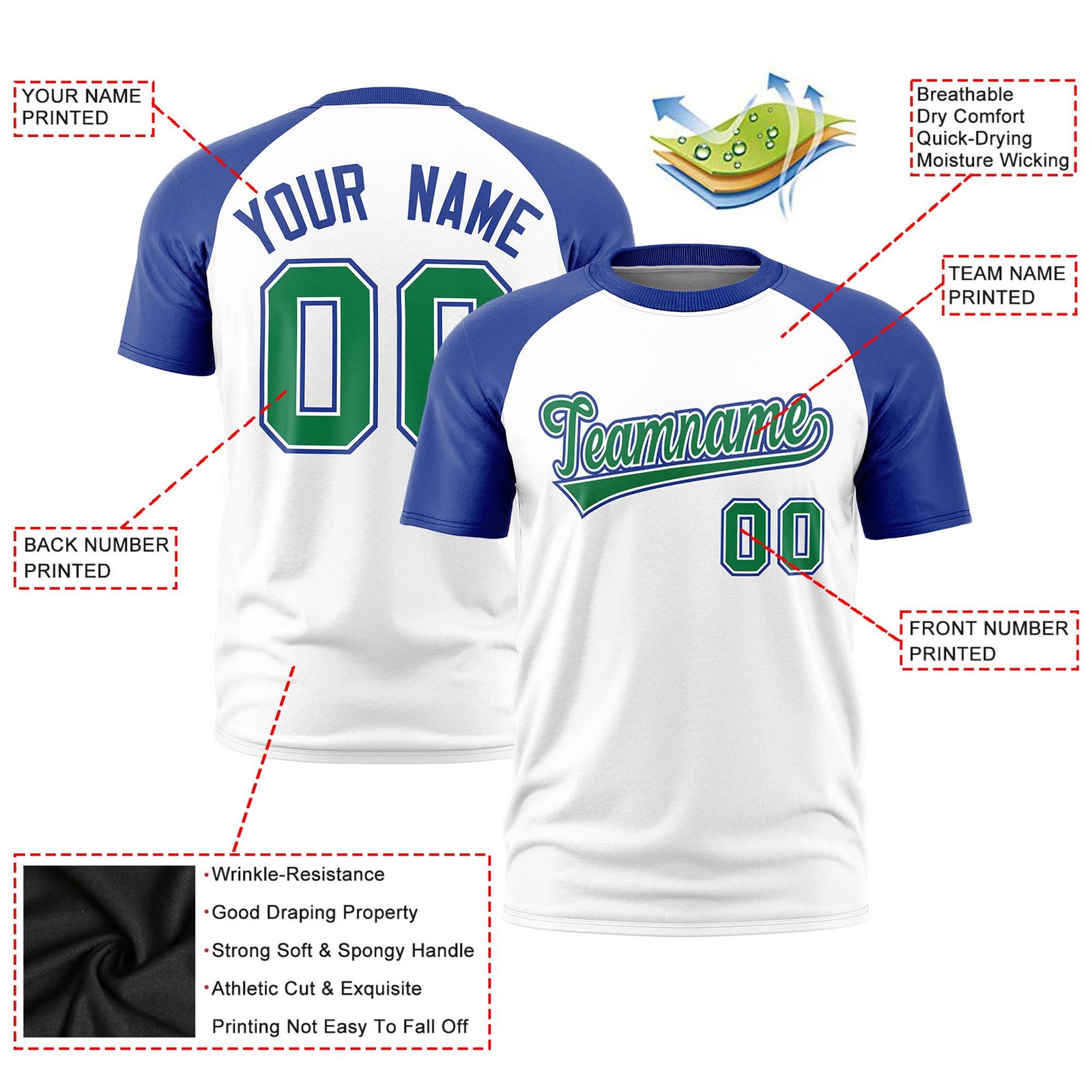 Custom White Royal Blue Raglan Sleeves Performance T-Shirt
