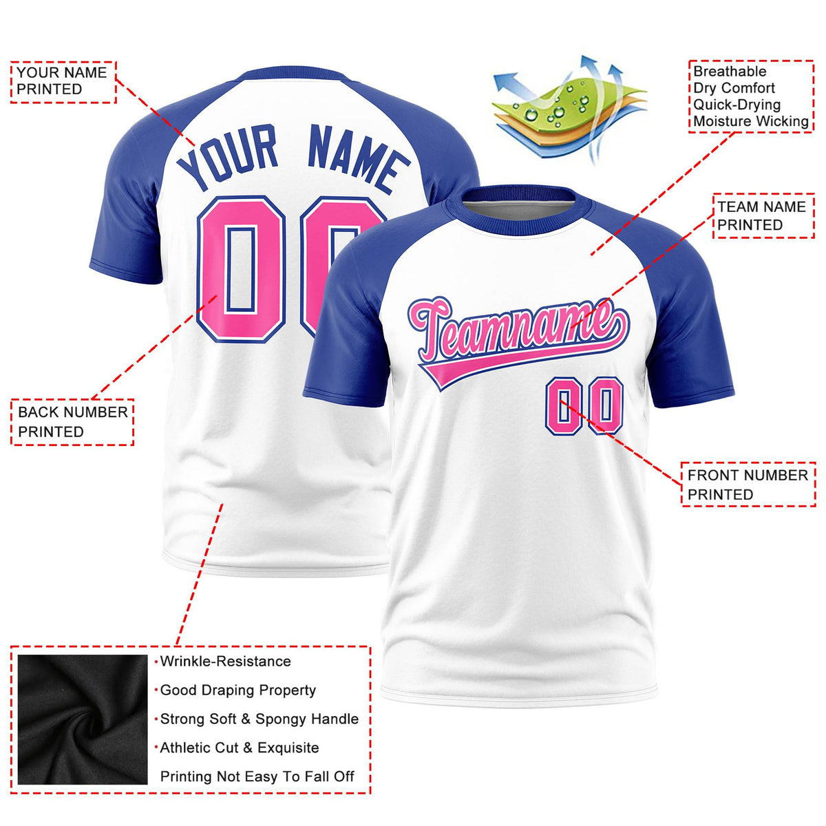 Custom White Royal Blue Raglan Sleeves Performance T-Shirt