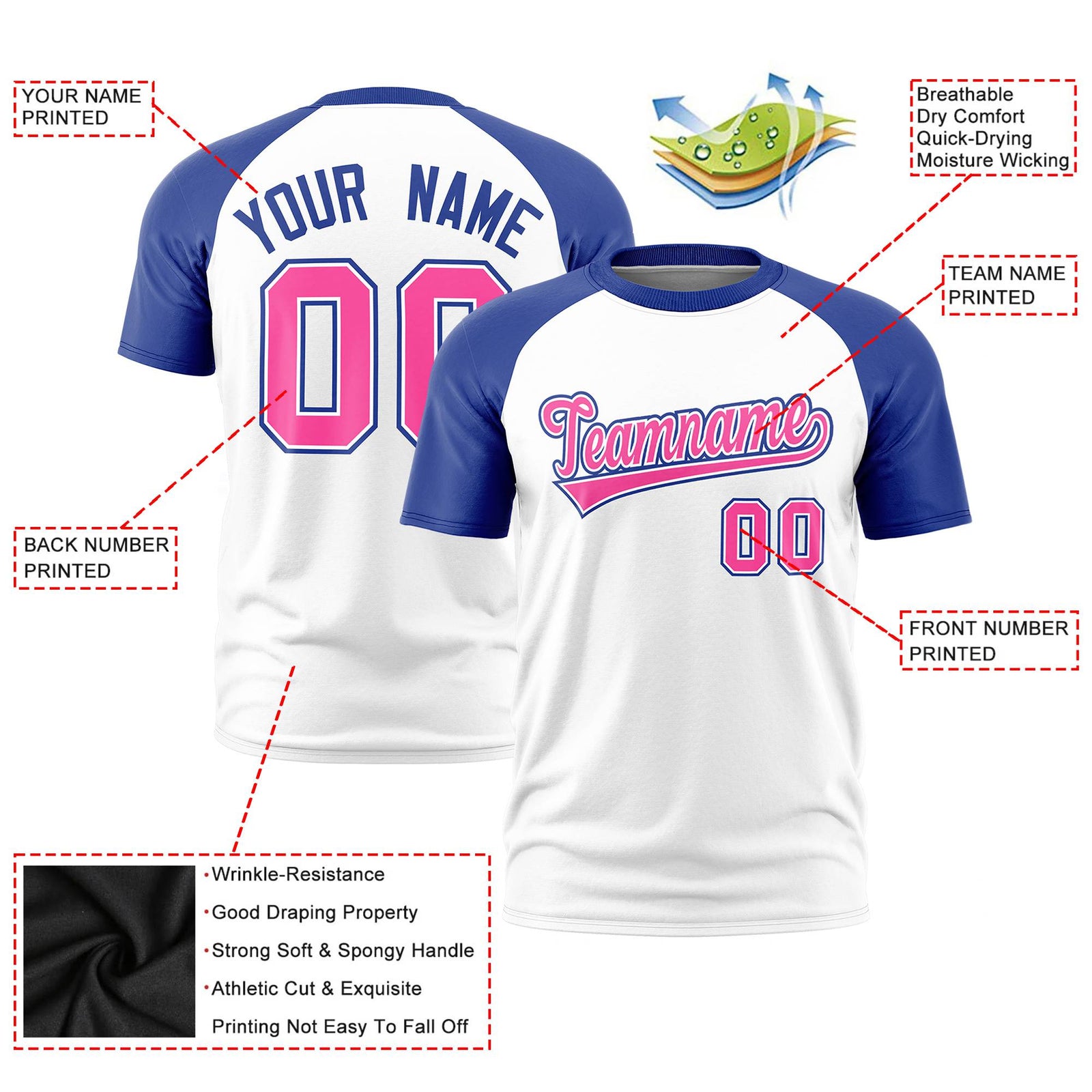 Custom White Royal Blue Raglan Sleeves Performance T-Shirt