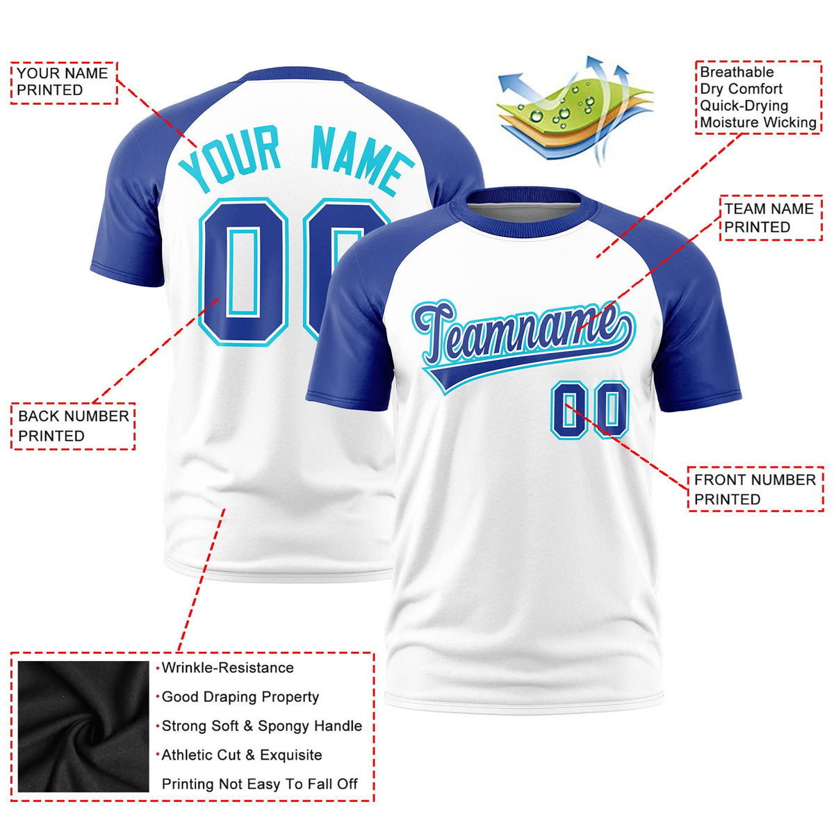 Custom White Royal Blue Raglan Sleeves Performance T-Shirt