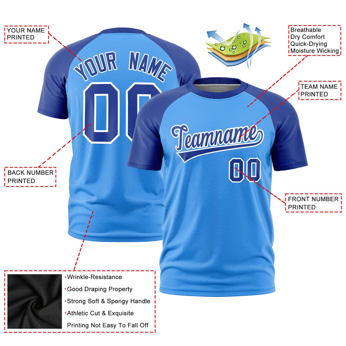 Custom Powder Blue-Royal Blue Raglan Sleeves Performance T-Shirt