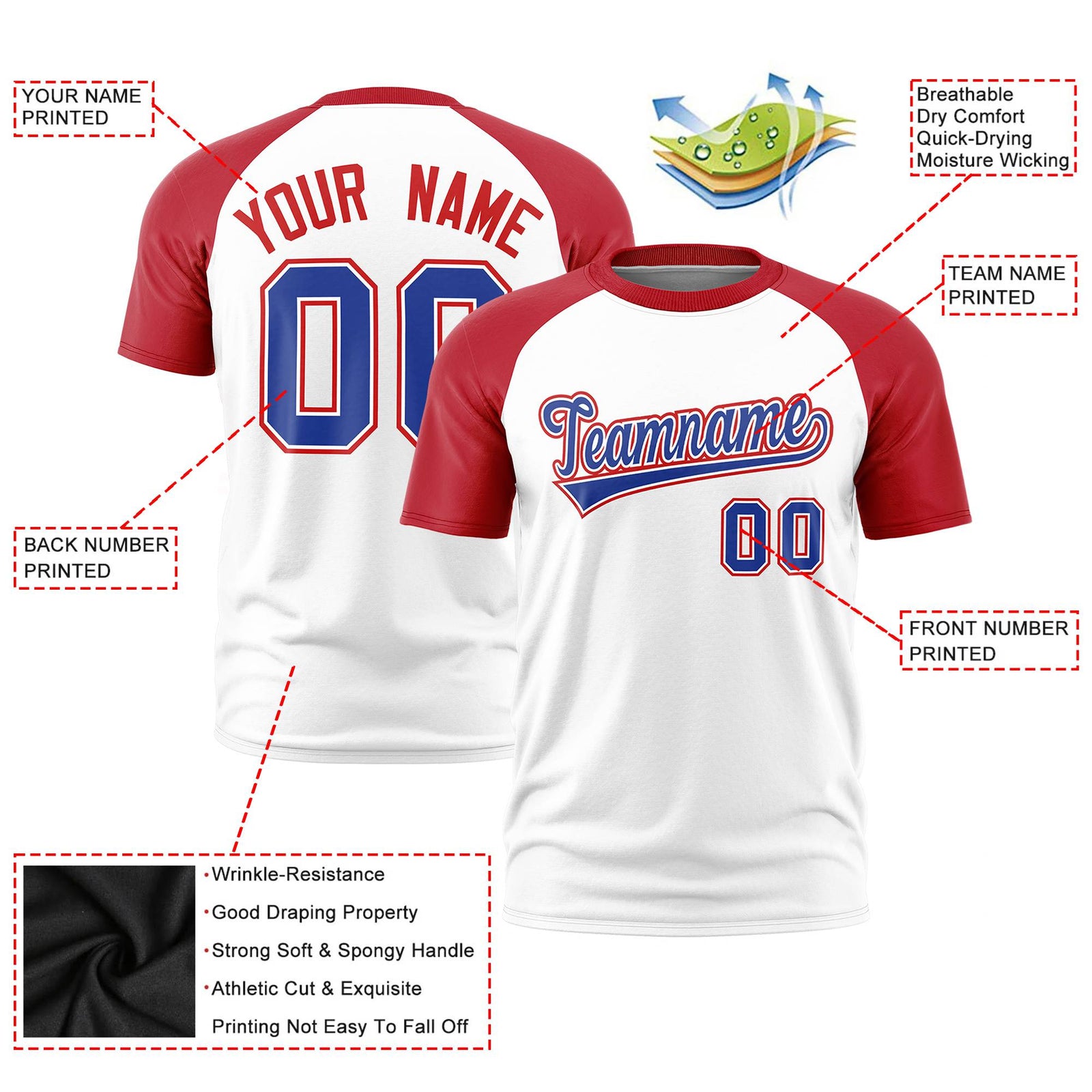 Custom White Red Raglan Sleeves Performance T-Shirt