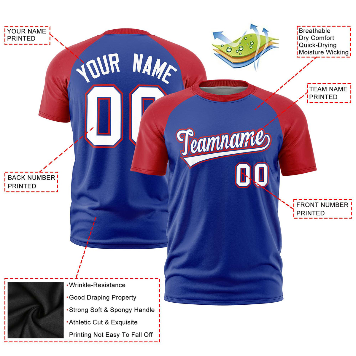 Custom Royal Blue Red Raglan Sleeves Performance T-Shirt