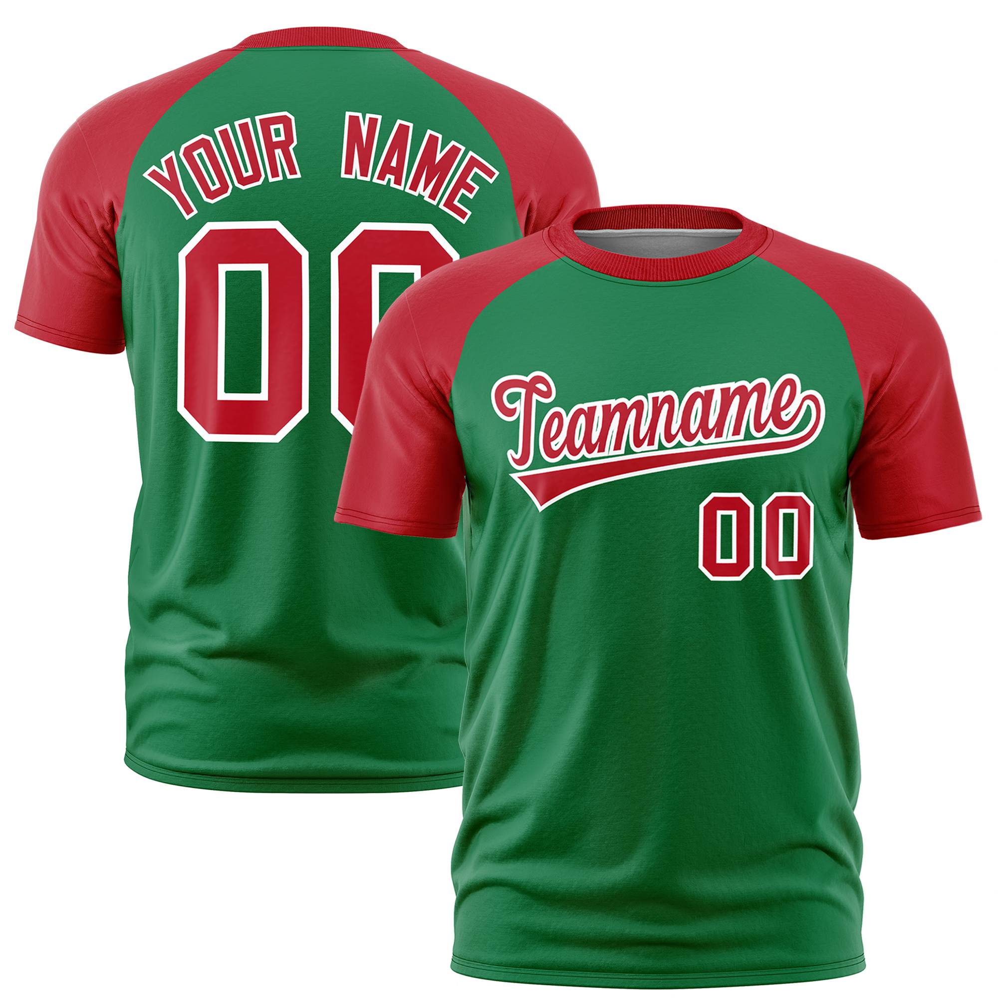 Custom Kelly Green Red Raglan Sleeves Performance T-Shirt