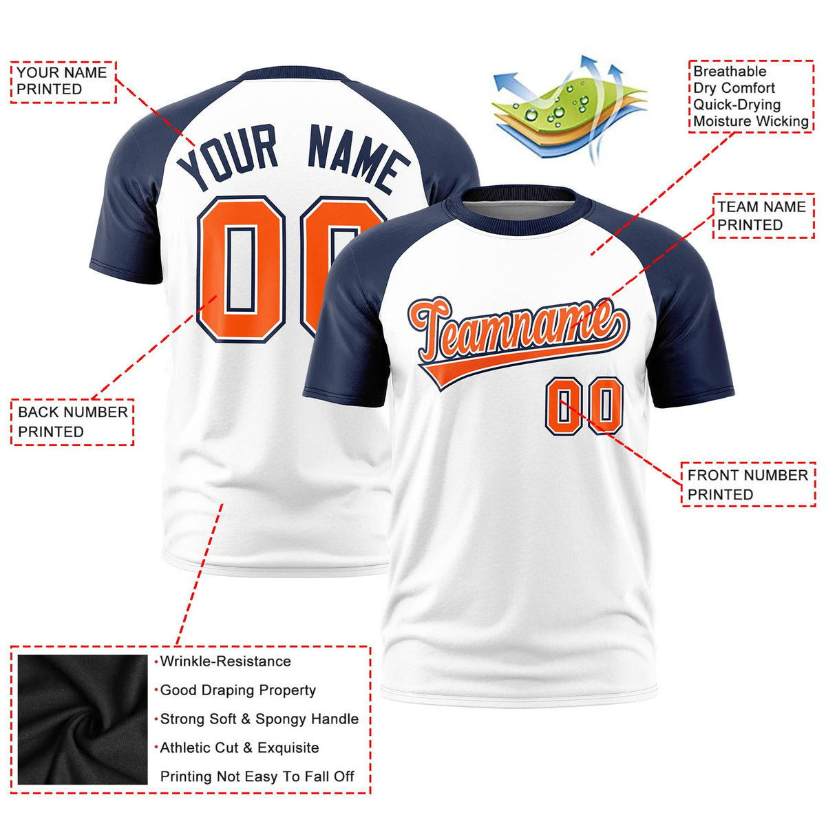 Custom White Navy Raglan Sleeves Performance T-Shirt