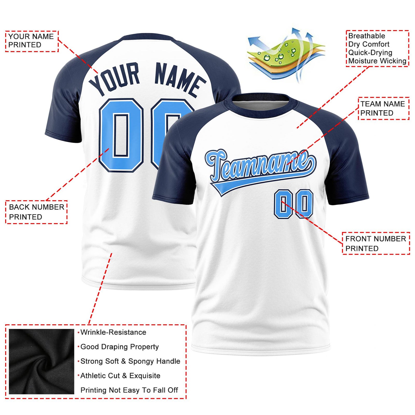 Custom White Navy Raglan Sleeves Performance T-Shirt