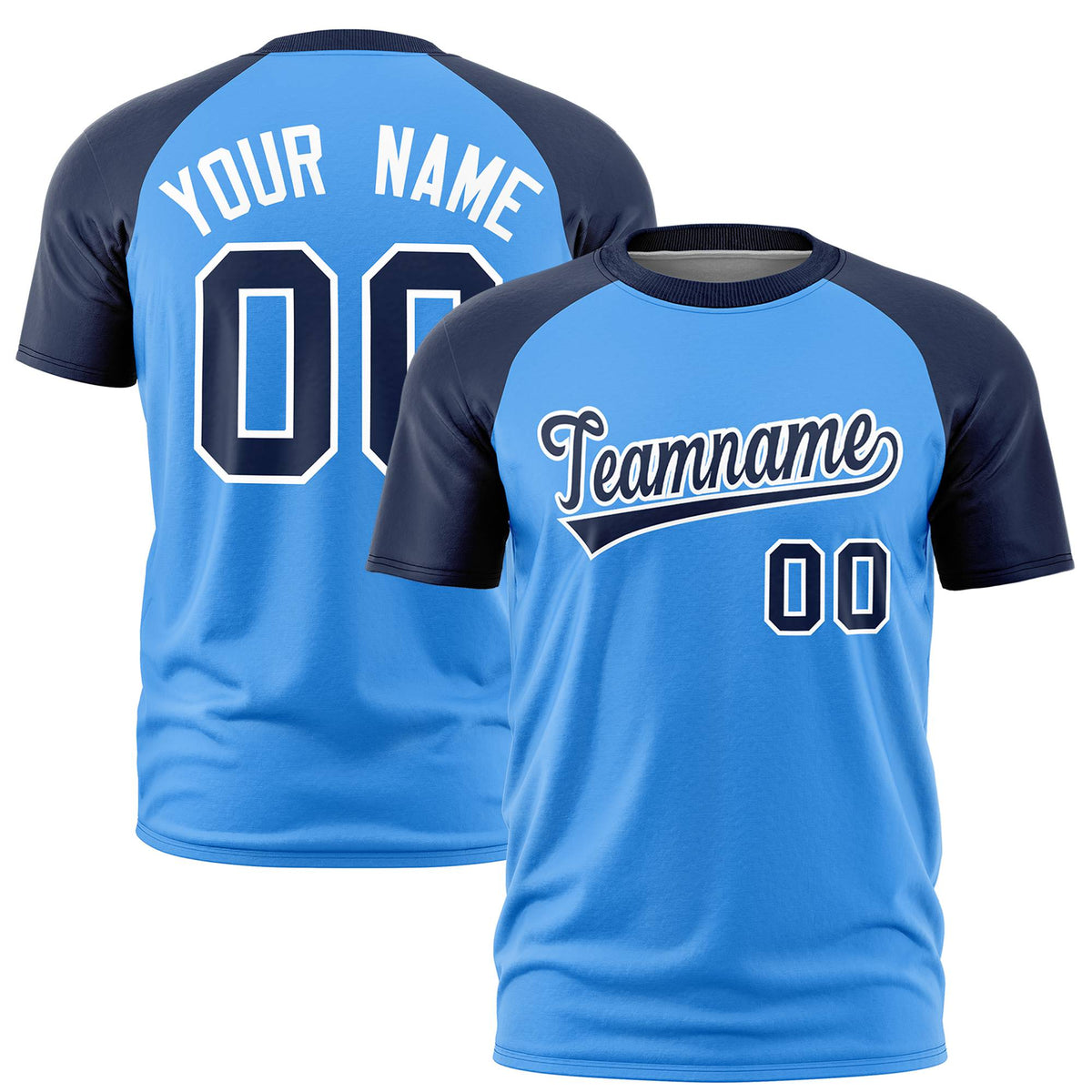 Custom Powder Blue Navy Raglan Sleeves Performance T-Shirt