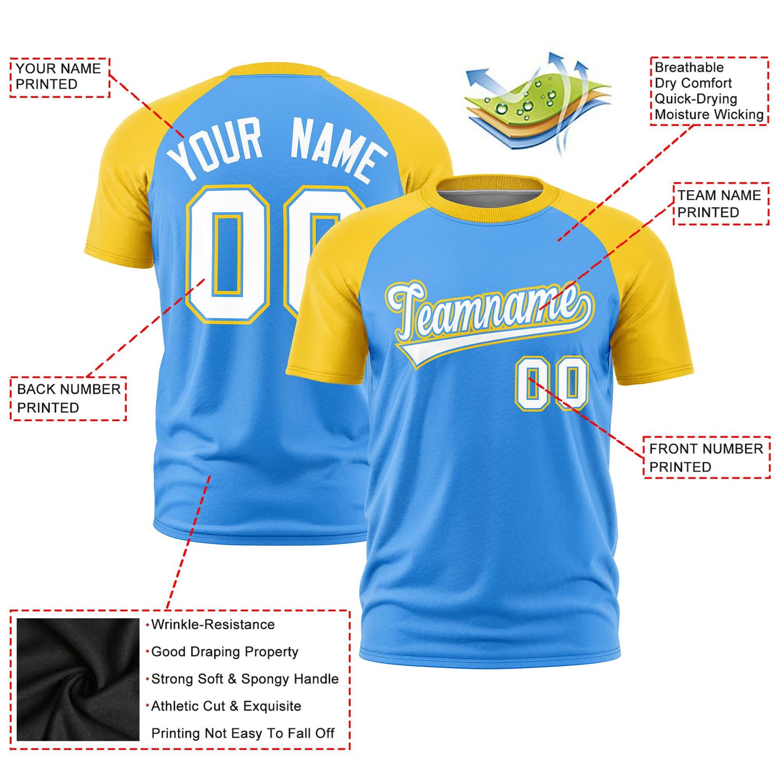 Custom Powder Blue Gold Raglan Sleeves Performance T-Shirt