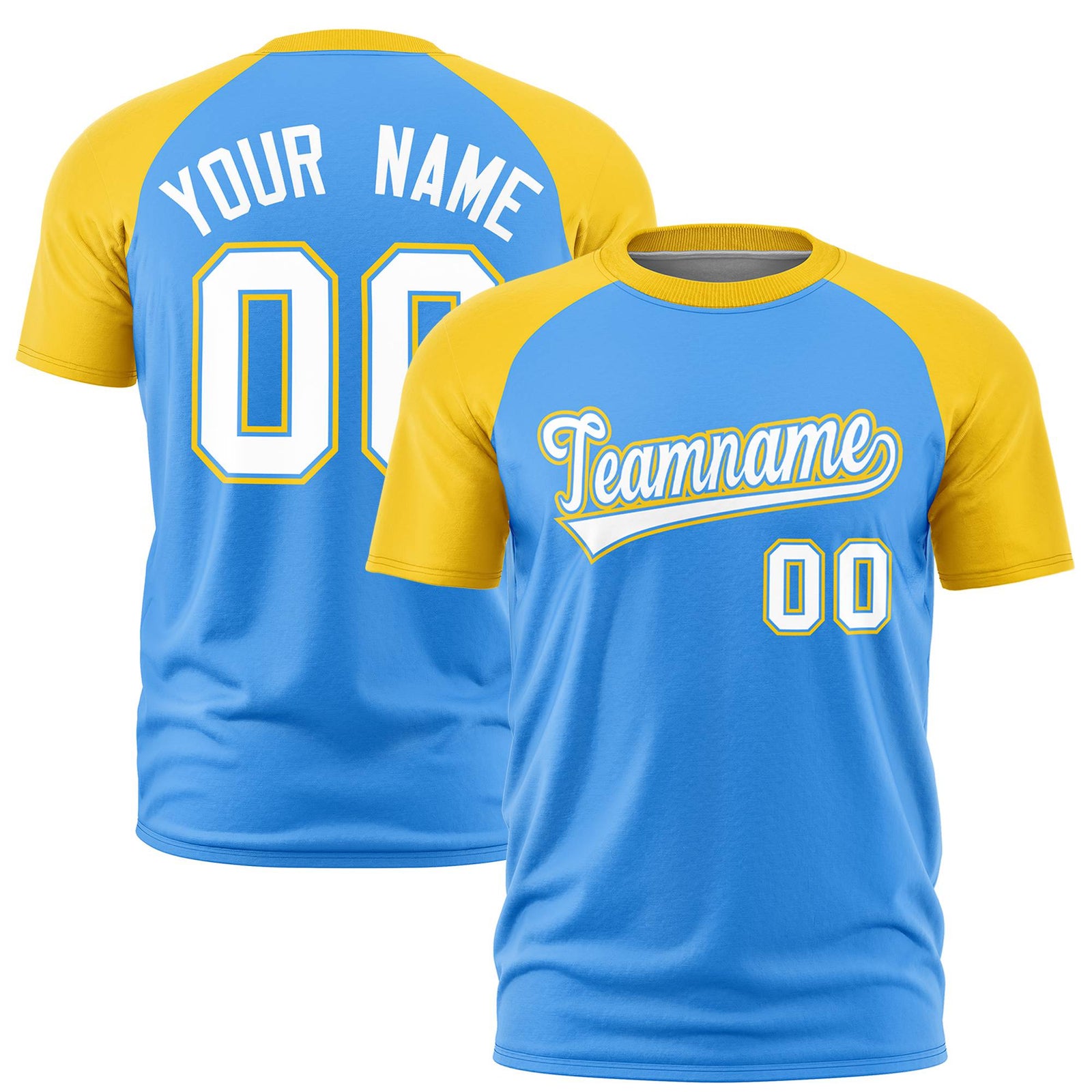 Custom Powder Blue Gold Raglan Sleeves Performance T-Shirt