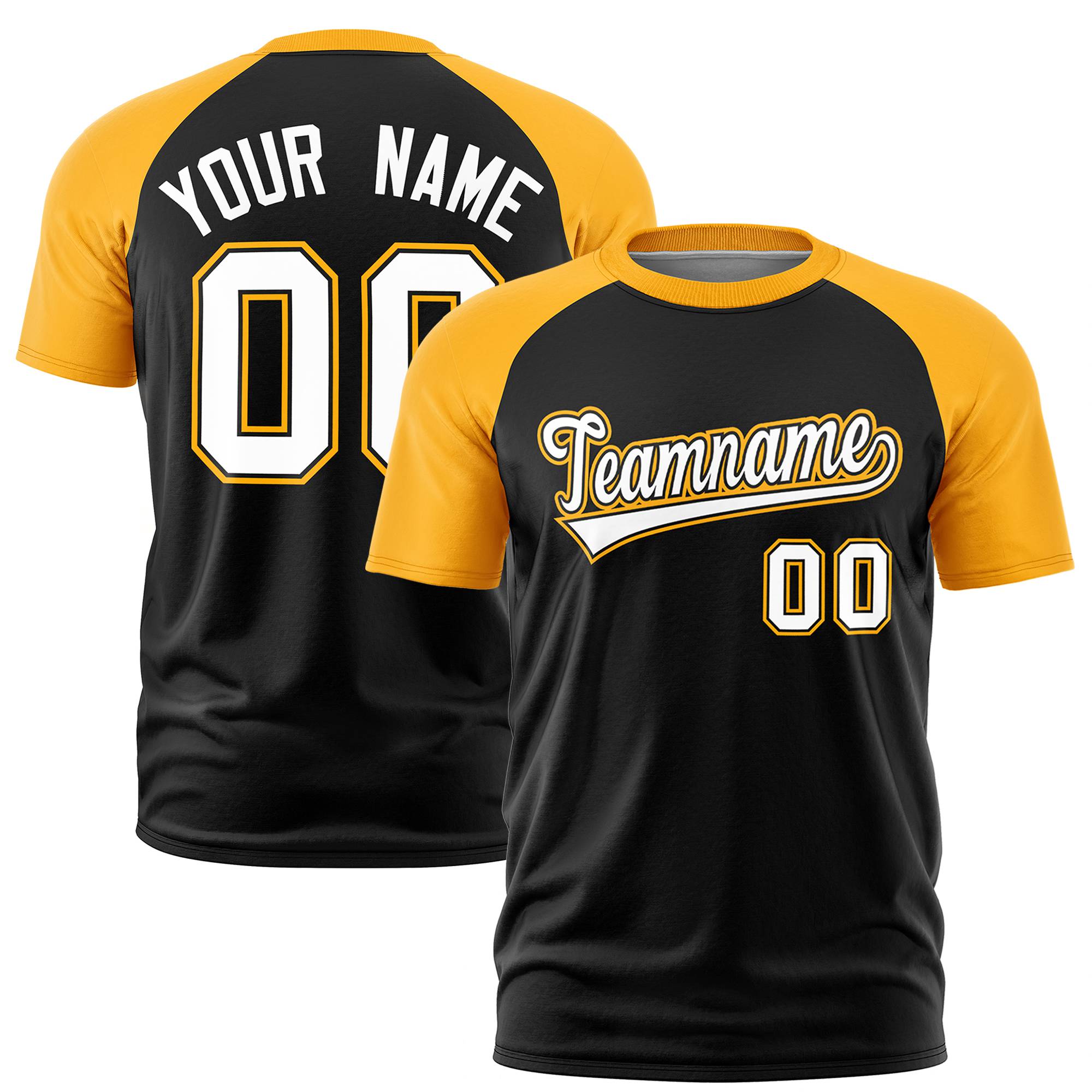 Custom Black Yellow Raglan Sleeves Performance T-Shirt