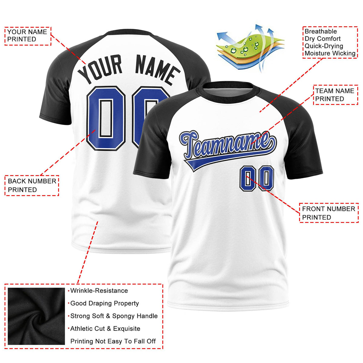 Custom White Black Raglan Sleeves Performance T-Shirt