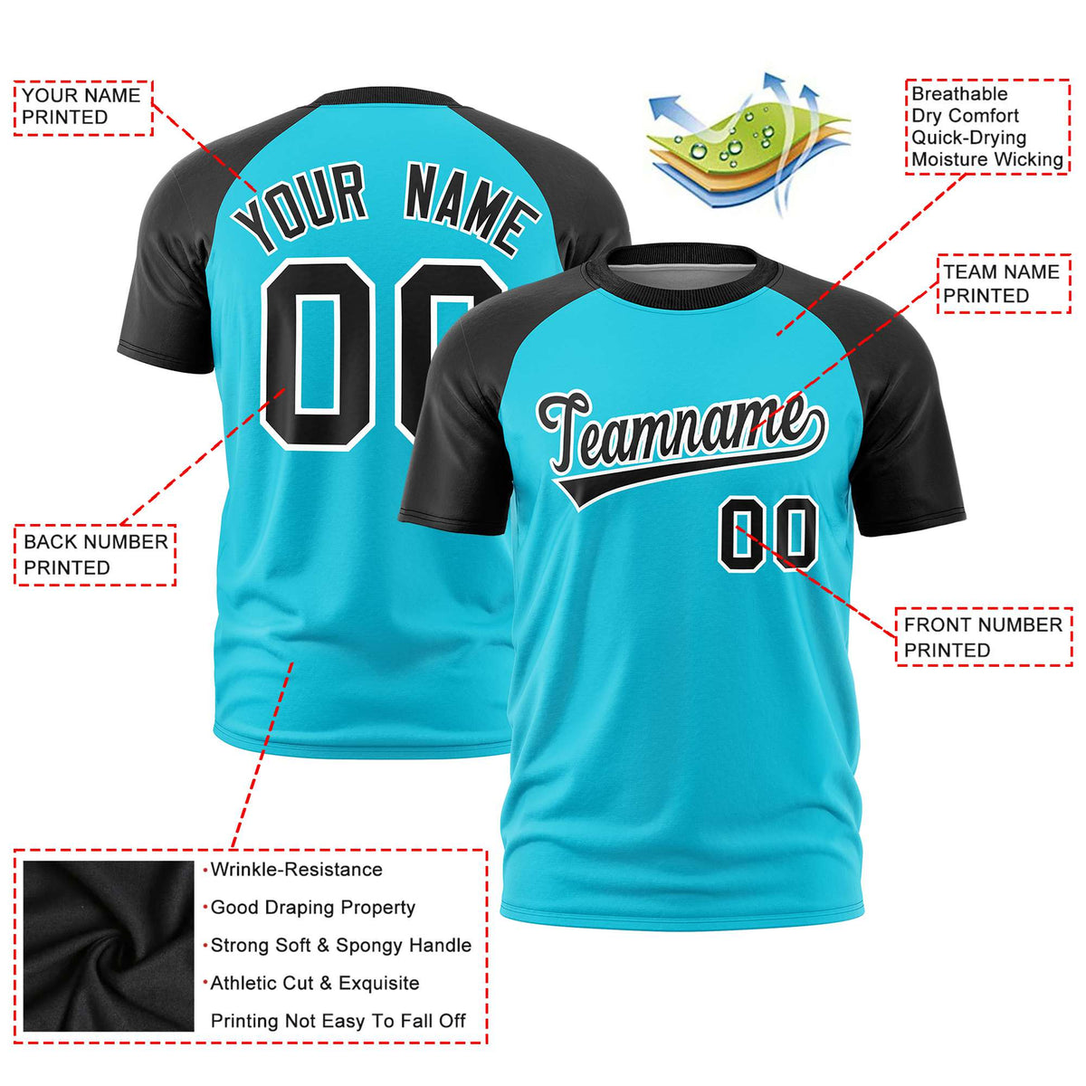 Custom Sky Blue Black Raglan Sleeves Performance T-Shirt