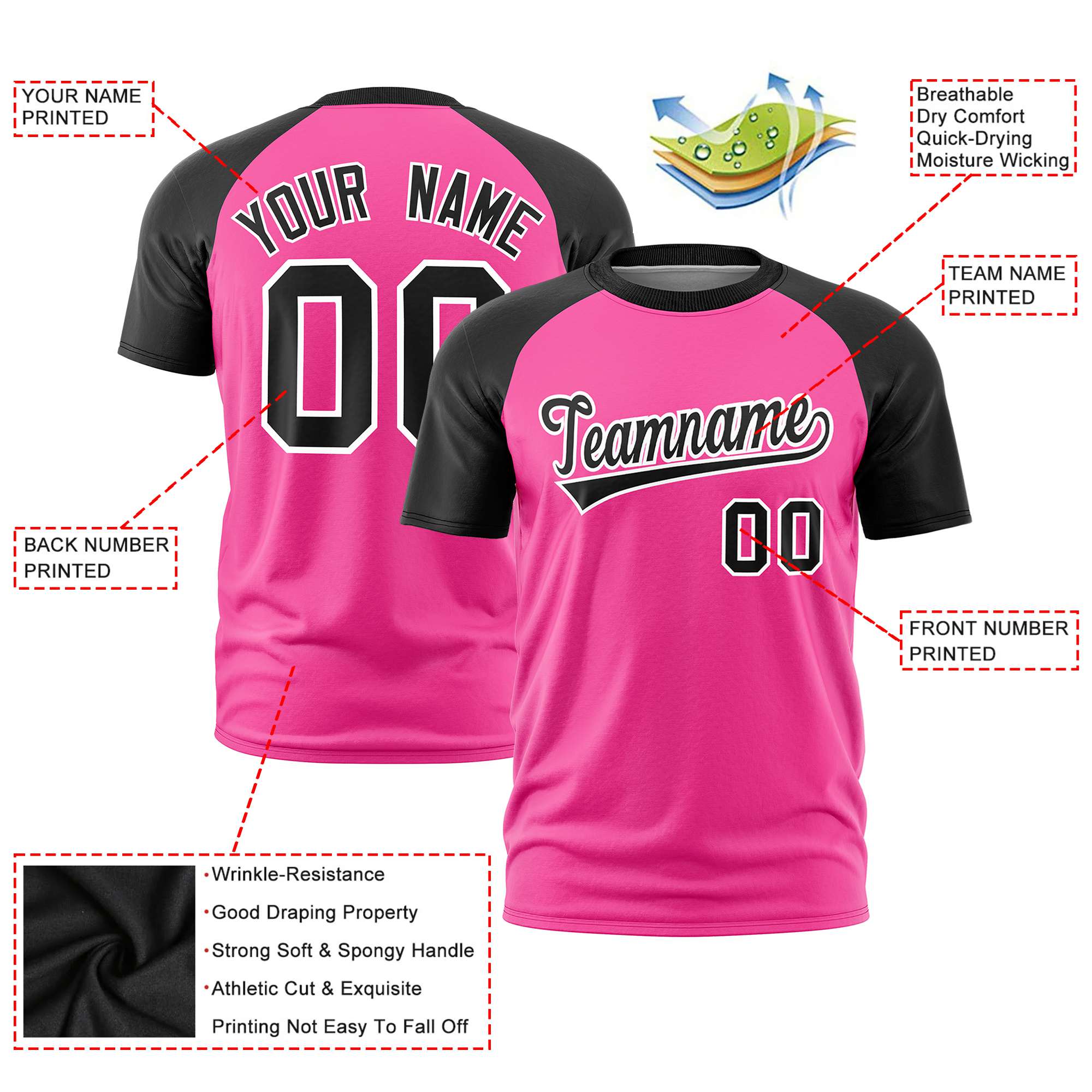 Custom Pink Black Raglan Sleeves Performance T-Shirt