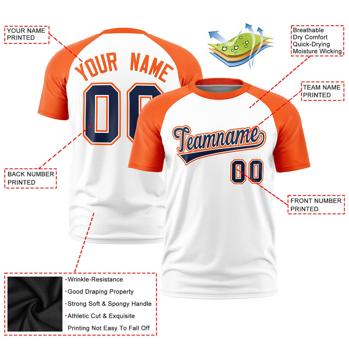 Custom White Orange Raglan Sleeves Performance T-Shirt