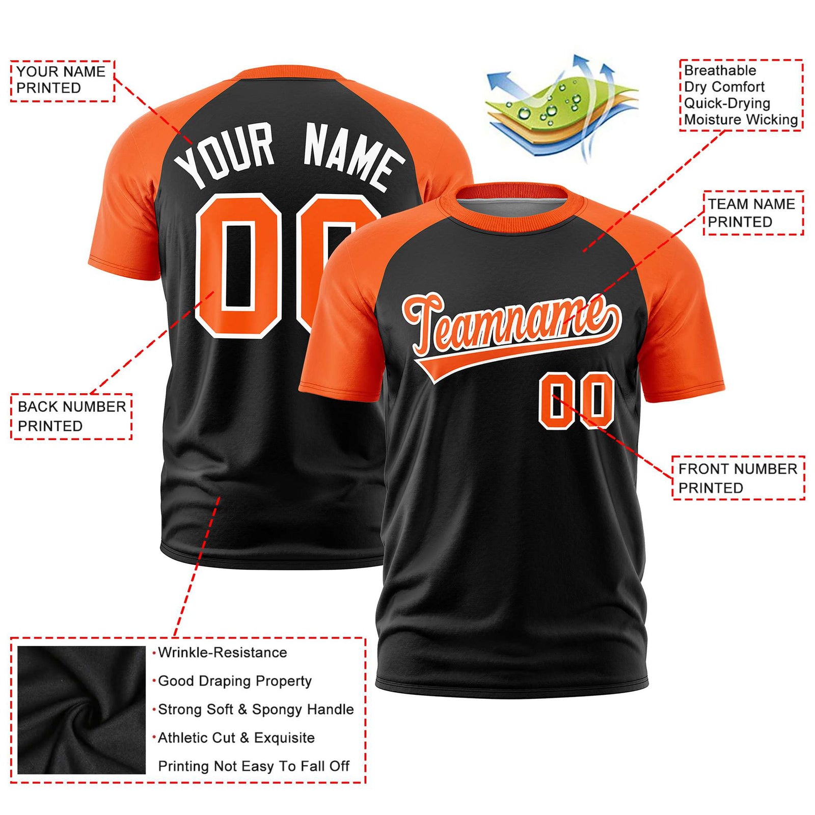 Custom Black Orange Raglan Sleeves Performance T-Shirt