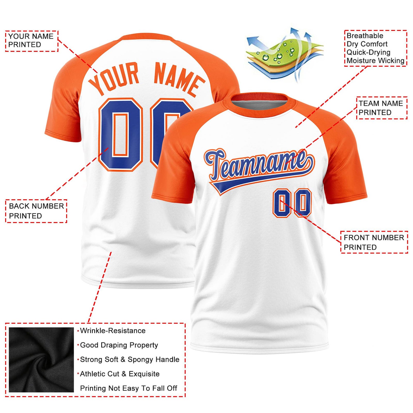 Custom White Orange Raglan Sleeves Performance T-Shirt