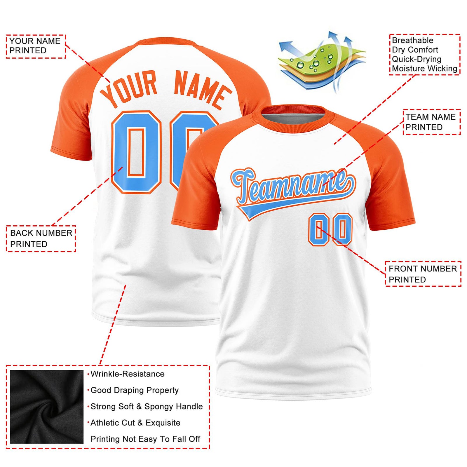 Custom White Orange Raglan Sleeves Performance T-Shirt