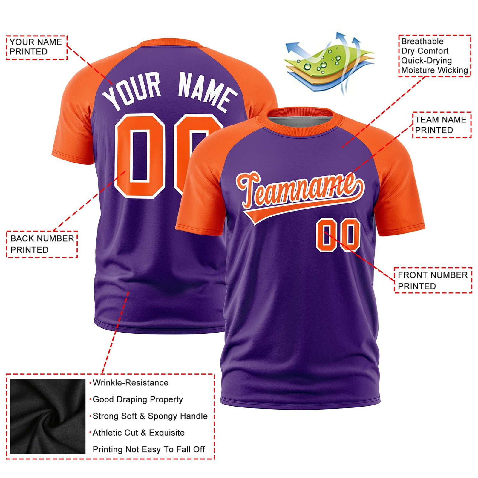 Custom Purple Orange Raglan Sleeves Performance T-Shirt