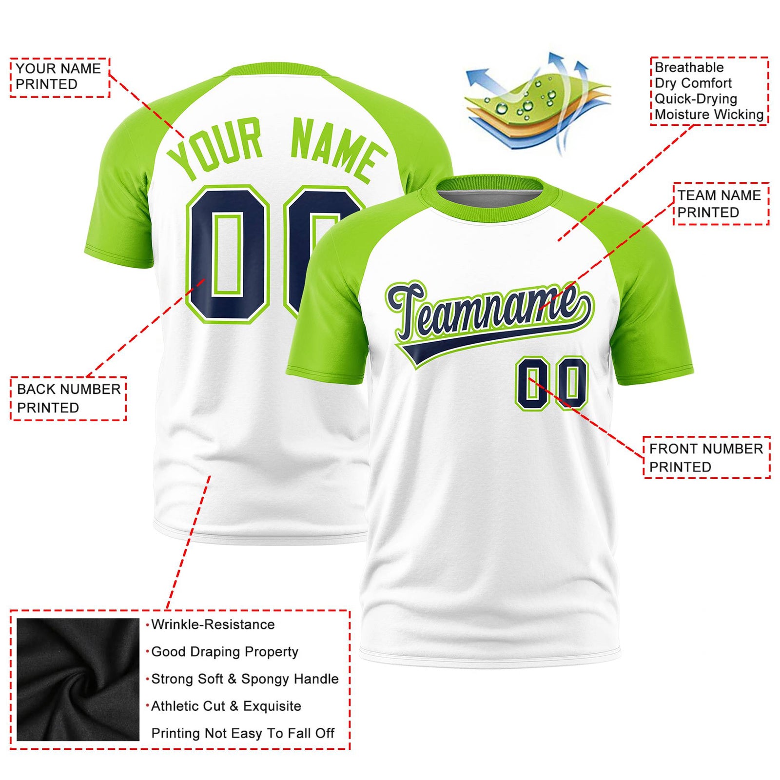 Custom White Neon Green Raglan Sleeves Performance T-Shirt