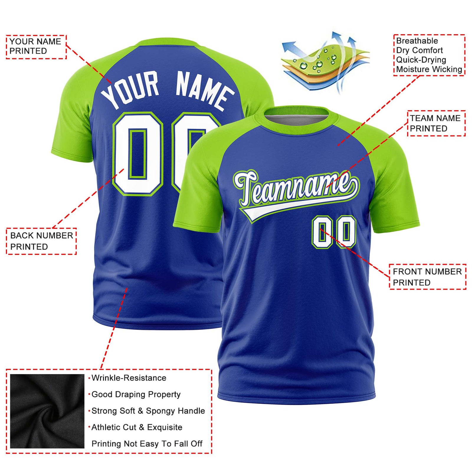 Custom Royal Blue-Neon Green Raglan Sleeves Performance T-Shirt