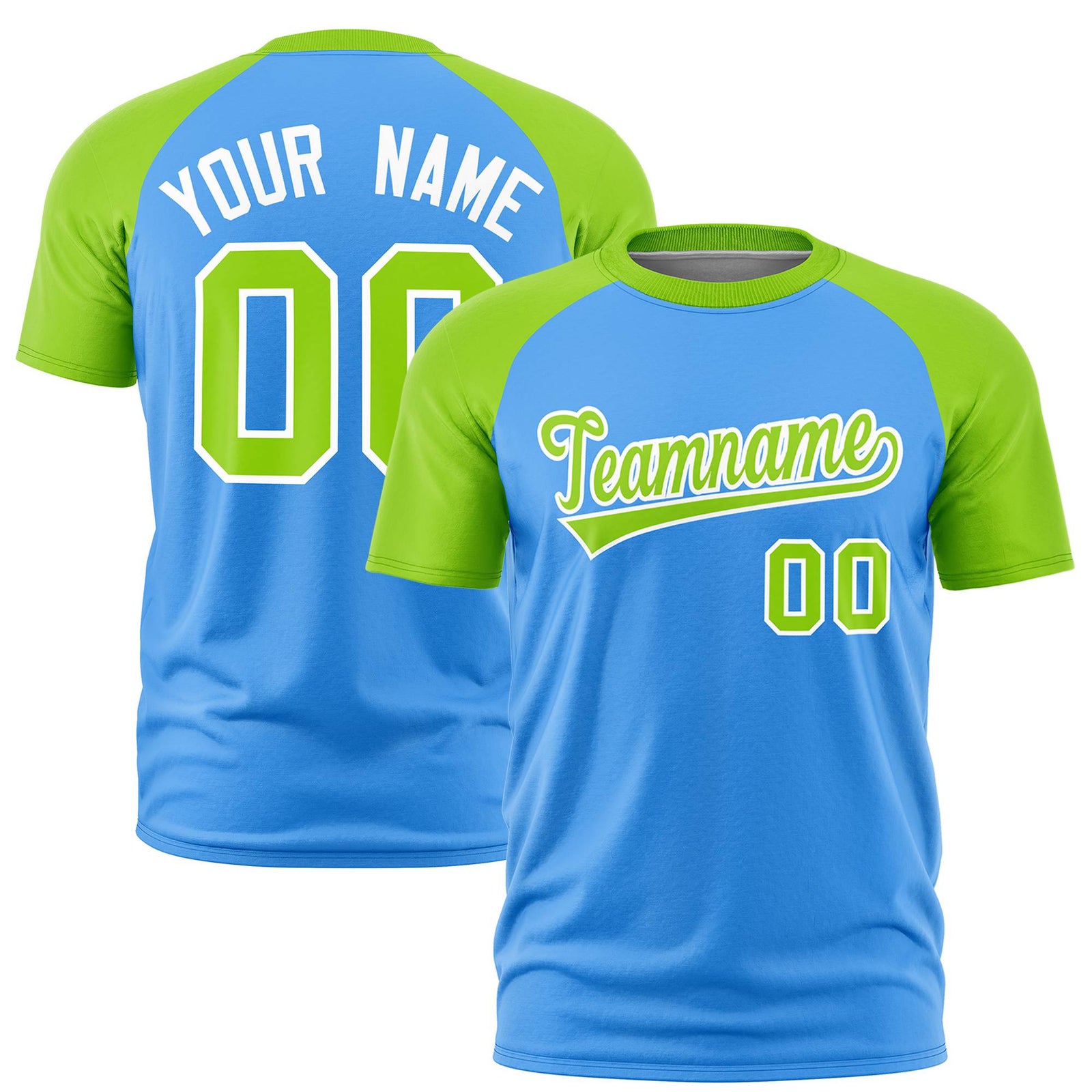Custom Powder Blue-Neon Green Raglan Sleeves Performance T-Shirt