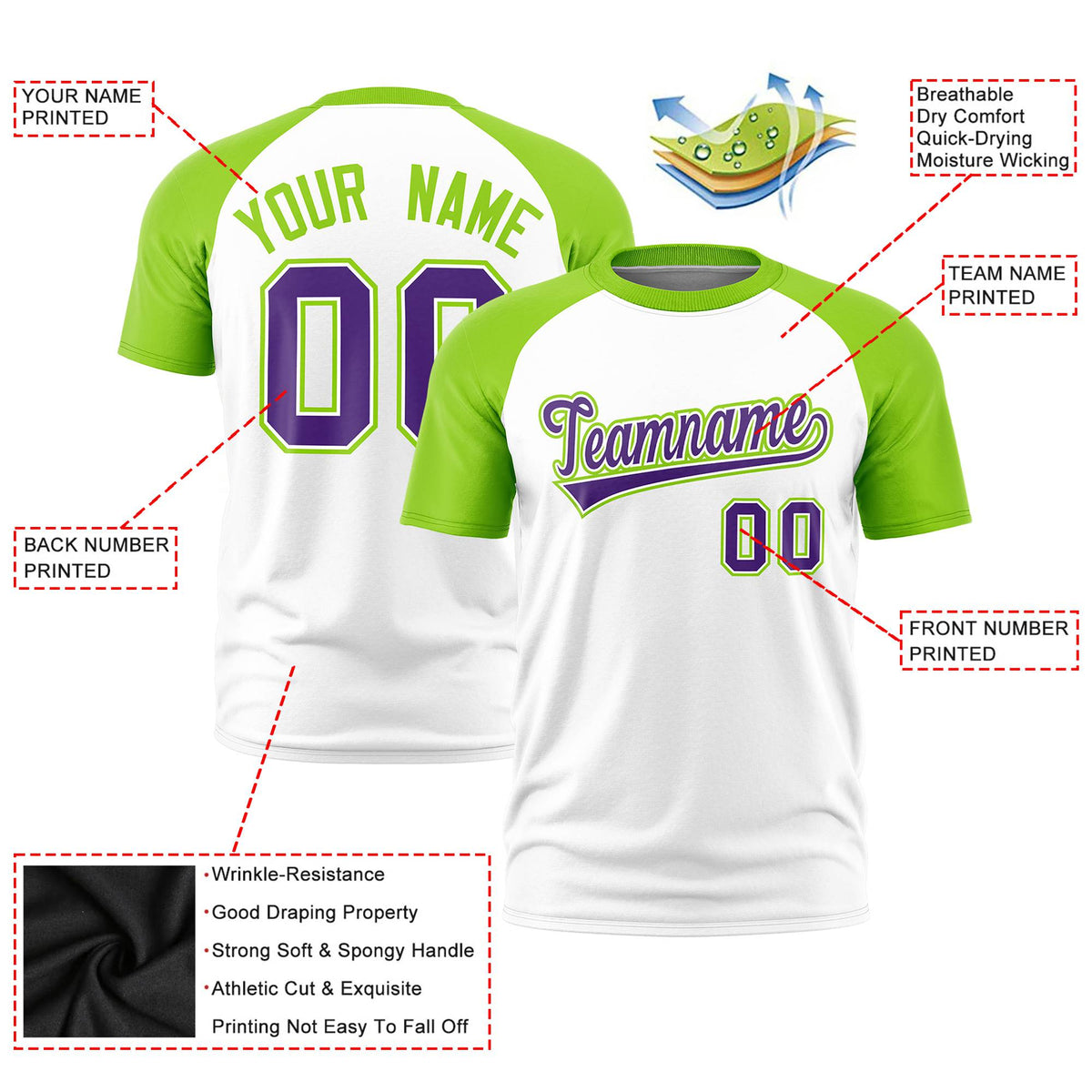 Custom White Neon Green Raglan Sleeves Performance T-Shirt