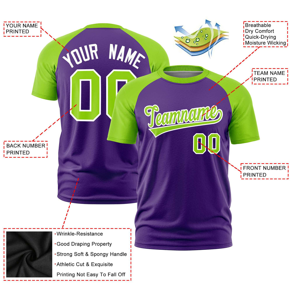 Custom Purple Neon Green Raglan Sleeves Performance T-Shirt